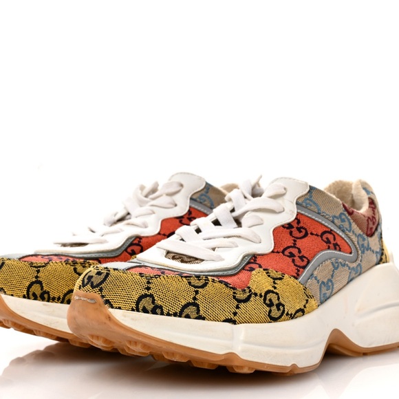 GUCCI Monogram Multicolor Demetra Women’s Rhyton Sneakers Yellow Blue Tobasco - Picture 2 of 10